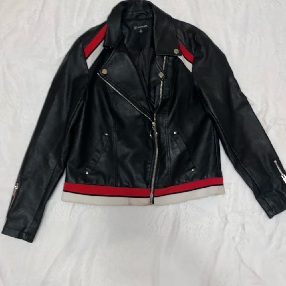 INC International Concepts Black and Red Leather Jacket Asymmetrical Zip